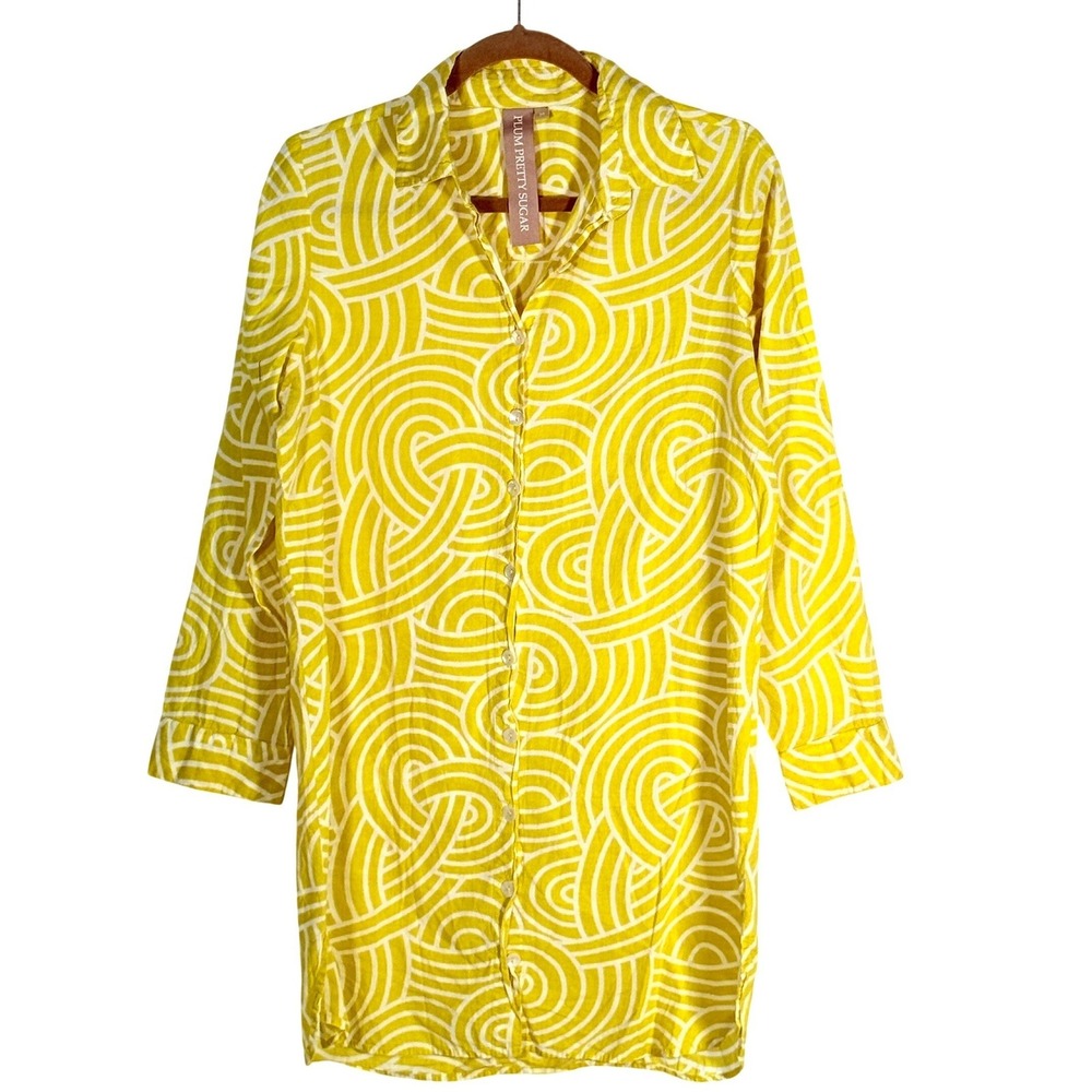 Plum Pretty Sugar Yellow Swirl Cotton Button Down Shirt Dress Mini M Boho Prep‎